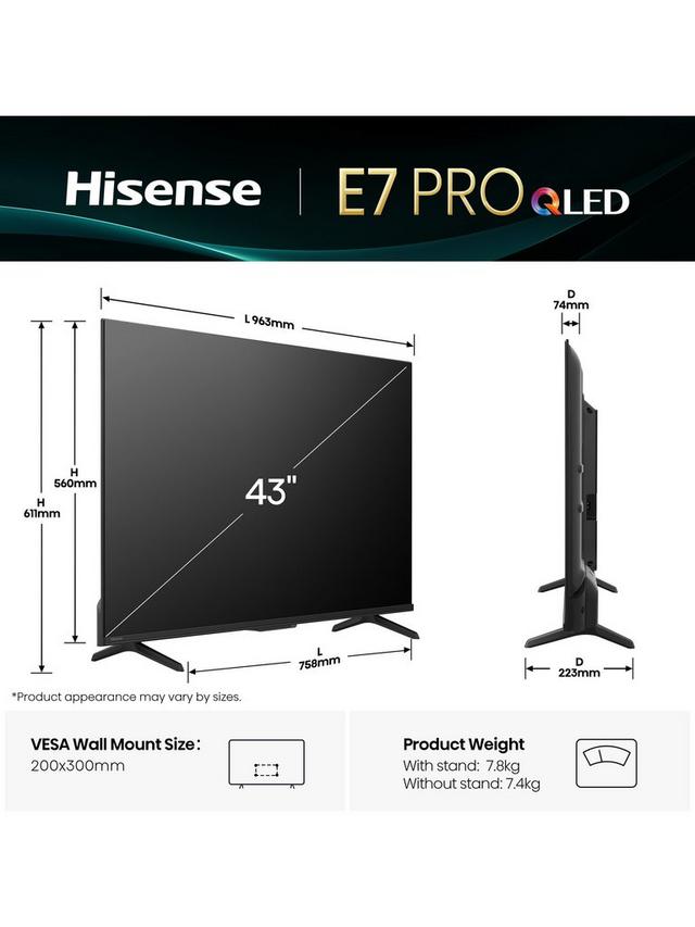 Hisense - 43E7QTUK PRO (2025) QLED HDR 4K Ultra HD Smart TV, 43 inch, Black - Image 3